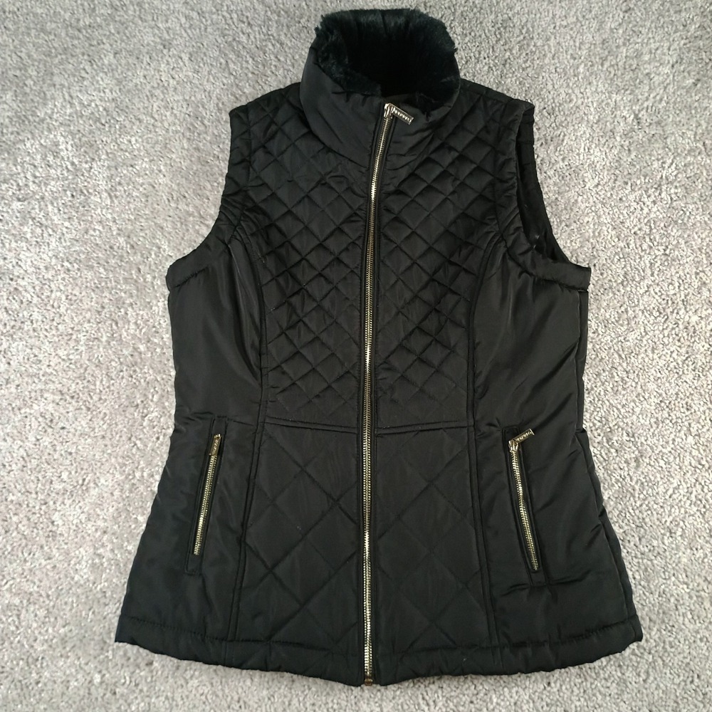 Calvin Klein M8XT7466 Women XS Black Diamond Quilted Vest Faux Fur Gold Zip